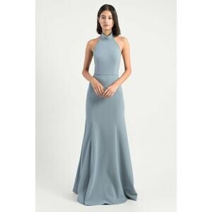 $280 Jenny Yoo Collection Mayan Blue Halter Stretch Crepe Petra Gown 0 NEW